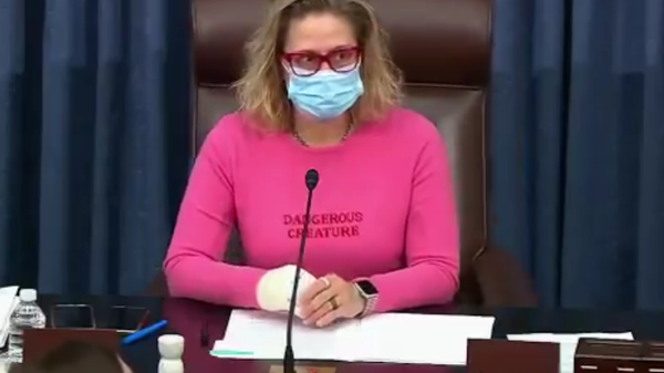 US Sen. Kyrsten Sinema (D-AZ) wearing a sweater that says Dangerous Creature while presiding over the US Senate on February 23, 2021 - Sputnik International