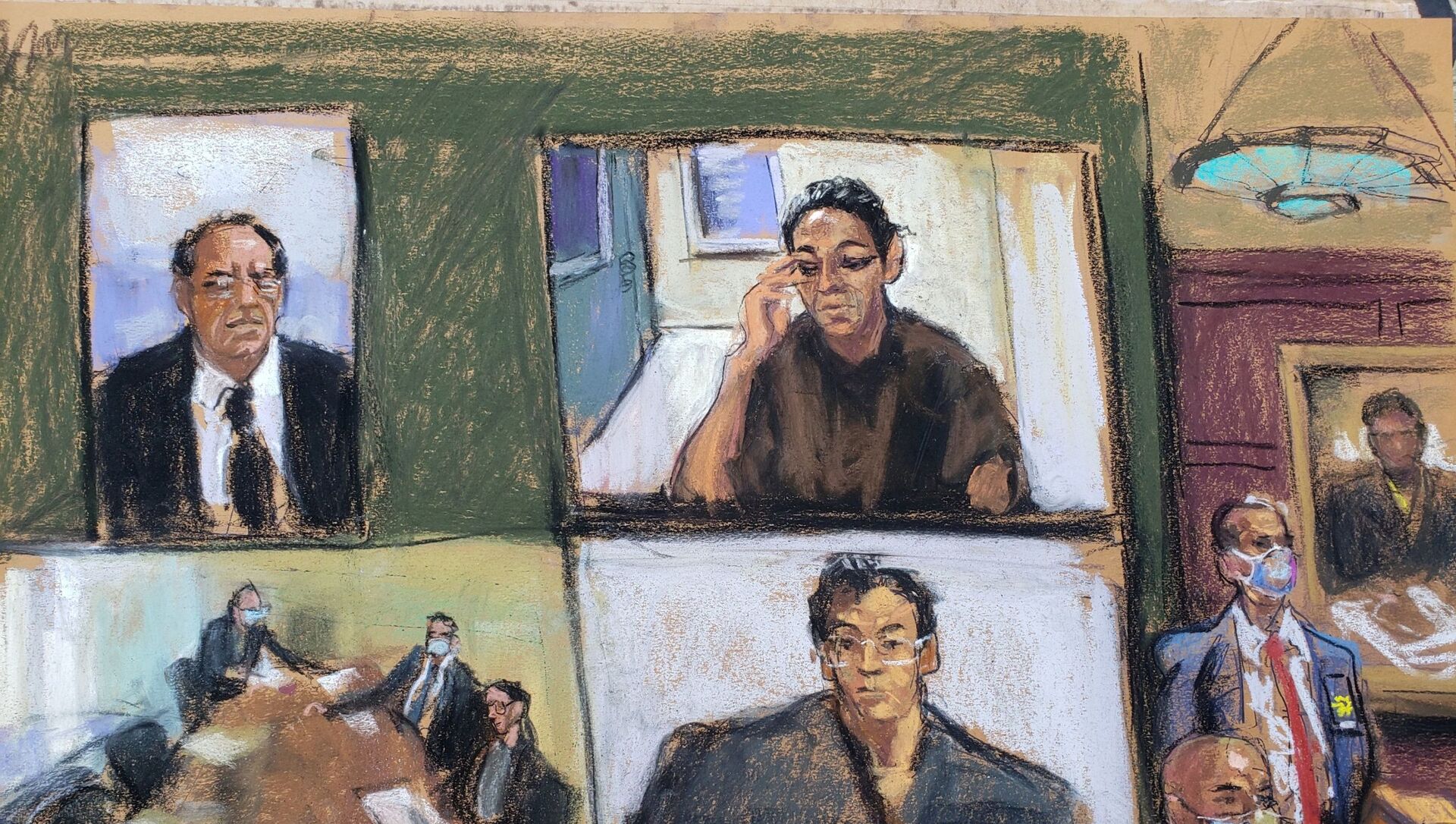 Ghislaine Maxwell appears via video link during her arraignment hearing where she was denied bail for her role aiding Jeffrey Epstein to recruit and eventually abuse of minor girls, in Manhattan Federal Court, in the Manhattan borough of New York City, New York, U.S. July 14, 2020 in this courtroom sketch - Sputnik International, 1920, 10.03.2021