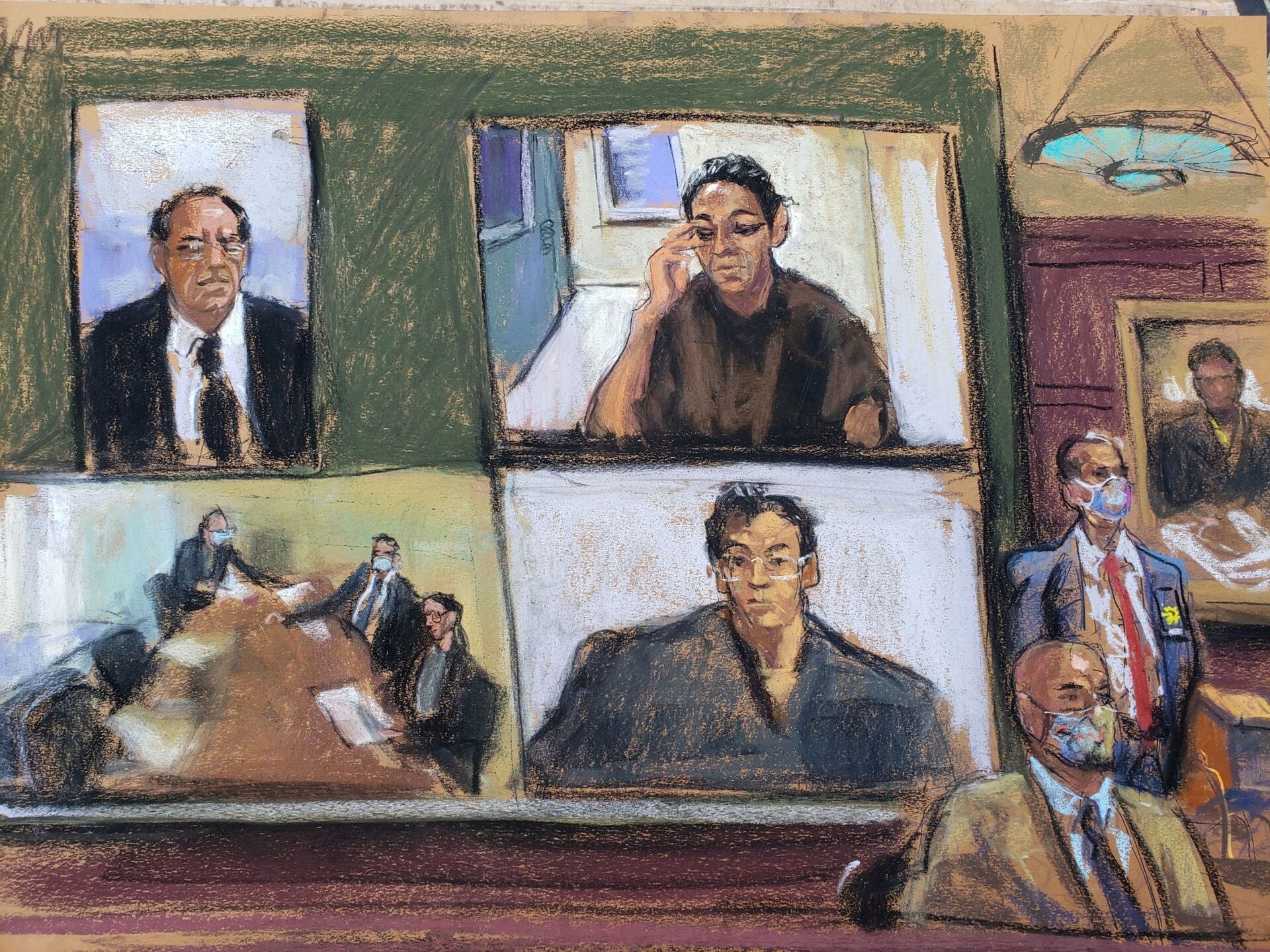 Ghislaine Maxwell appears via video link during her arraignment hearing where she was denied bail for her role aiding Jeffrey Epstein to recruit and eventually abuse of minor girls, in Manhattan Federal Court, in the Manhattan borough of New York City, New York, U.S. July 14, 2020 in this courtroom sketch - Sputnik International, 1920, 07.09.2021