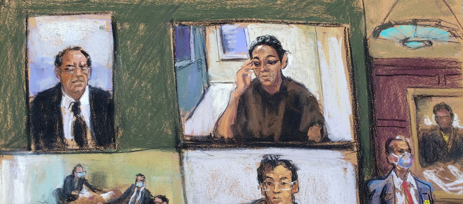 Ghislaine Maxwell appears via video link during her arraignment hearing where she was denied bail for her role aiding Jeffrey Epstein to recruit and eventually abuse of minor girls, in Manhattan Federal Court, in the Manhattan borough of New York City, New York, U.S. July 14, 2020 in this courtroom sketch - Sputnik International, 1920, 30.03.2021