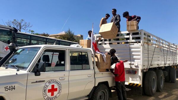 Workers from the International Committee of the Red Cross (ICRC) and volunteers from the Ethiopian Red Cross distribute relief supplies to civilians in the Tigray region, Ethiopia 27 January 2021. - Sputnik International