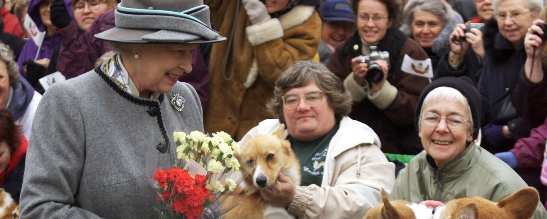 Queen Elizabeth II talks with members of the Manitoba Corgi Association during a visit to Winnipeg 08 October 2002. The queen, making her 20th trip to Canada, is the last stop on the year-long jubilee tour celebrating her 50-year reign.  - Sputnik International, 1920, 05.03.2021