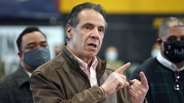 In this Feb. 22, 2021 file photo, New York Gov. Andrew Cuomo speaks during a news conference at a COVID-19 vaccination site in the Brooklyn borough of New York - Sputnik International