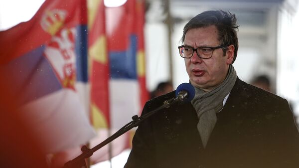Serbia's President Aleksandar Vucic talks for the media at a news conference with North Macedonia's Prime Minister Zoran Zaev, not pictured, during a handover of COVID-19 vaccines, at the border crossing Tabanovce, between North Macedonia and Serbia, on Sunday, Feb. 14, 2021. - Sputnik International