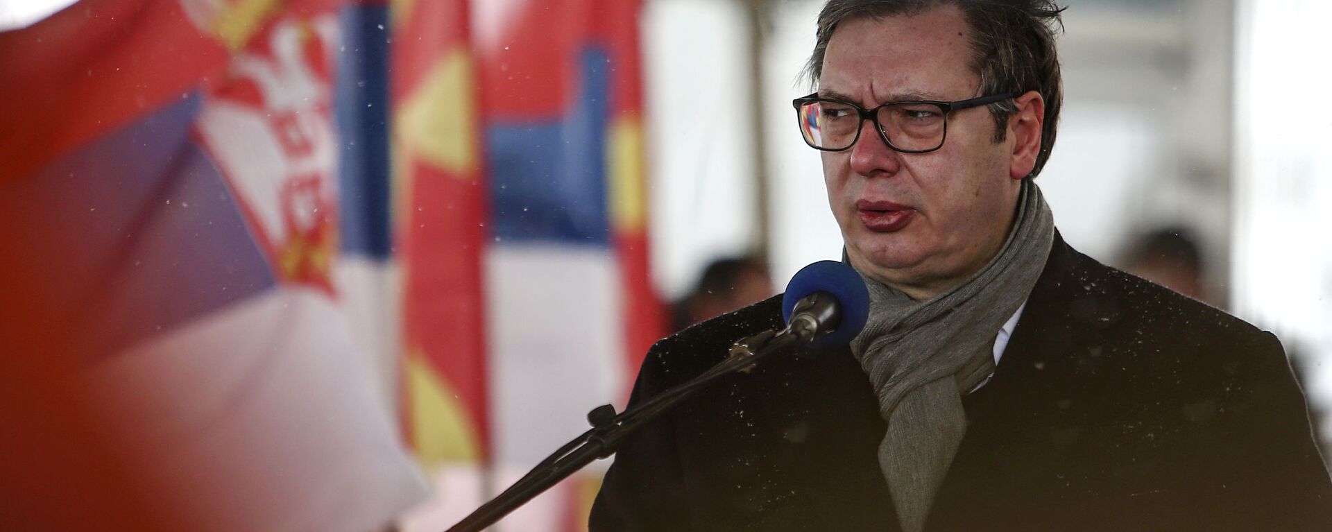 Serbia's President Aleksandar Vucic talks for the media at a news conference with North Macedonia's Prime Minister Zoran Zaev, not pictured, during a handover of COVID-19 vaccines, at the border crossing Tabanovce, between North Macedonia and Serbia, on Sunday, Feb. 14, 2021. - Sputnik International, 1920, 08.03.2021