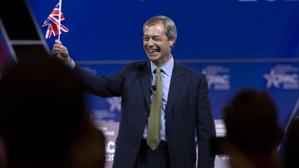 Leader of the Brexit Party and former Member of the European Parliament (MEP) Nigel Farage waves a British flag as he speaks during Conservative Political Action Conference, CPAC 2020, at the National Harbor, in Oxon Hill, Md., Friday, Feb. 28, 2020. - Sputnik International