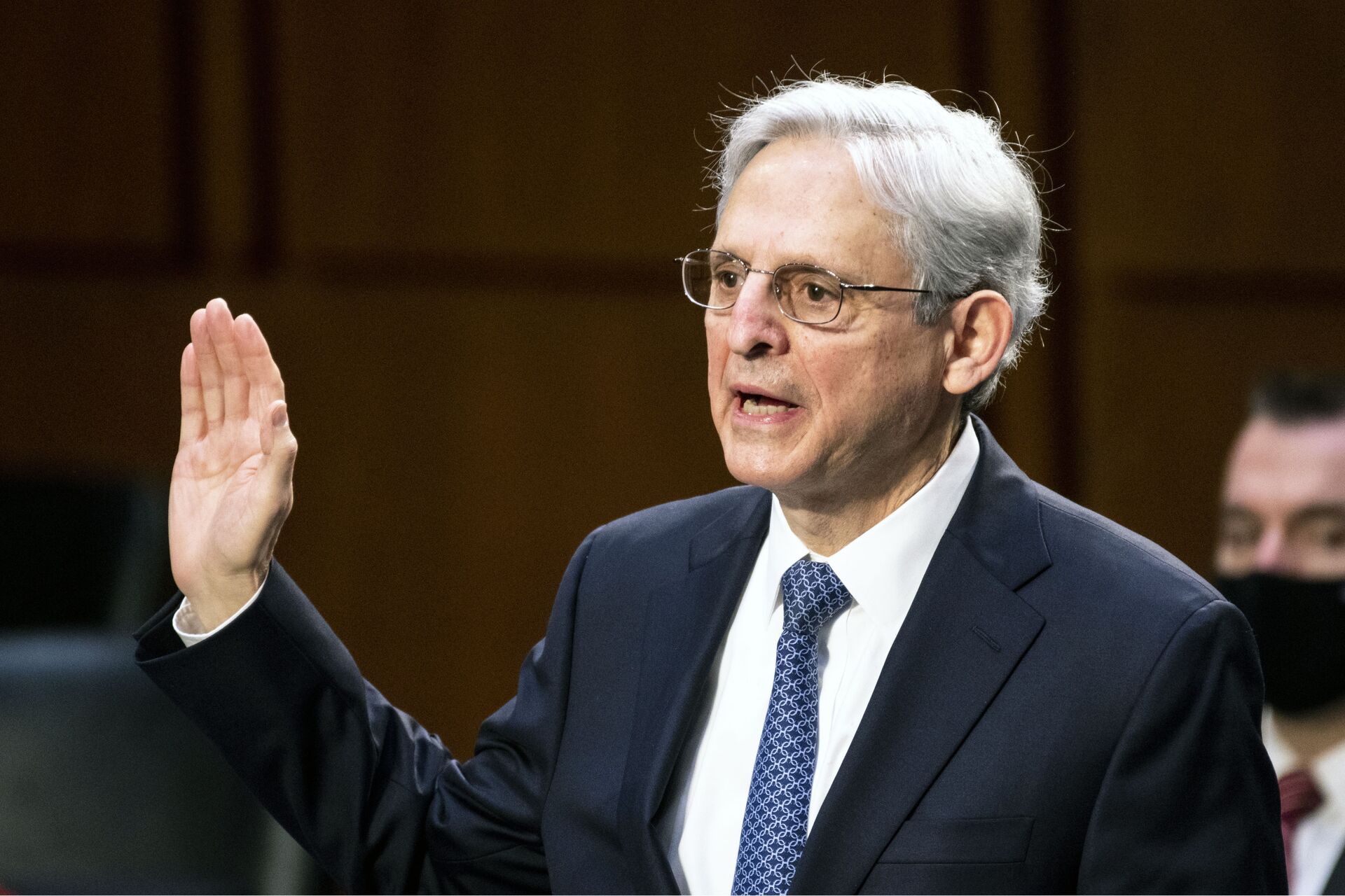Judge Merrick Garland, nominee to be Attorney General, is sworn in at his confirmation hearing before the Senate Judiciary Committee, Monday, Feb. 22, 2021 on Capitol Hill in Washington. (Bill Clark/Pool via AP) - Sputnik International, 1920, 07.09.2021