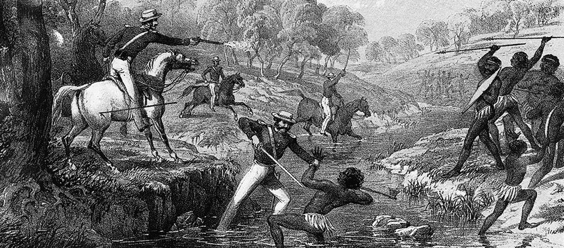 'Mounted Police and Blacks' depicts the massacre of Aboriginal people at Waterloo Creek by British troops. Tinted lithograph Held at Australian War Memorial - Sputnik International, 1920, 11.03.2021