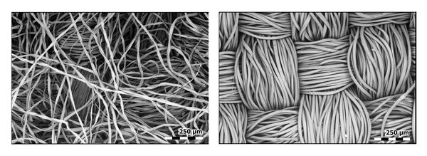 Top-down views of cotton flannel (L) and polyester face masks, photographed using a scanning electron microscope. - Sputnik International
