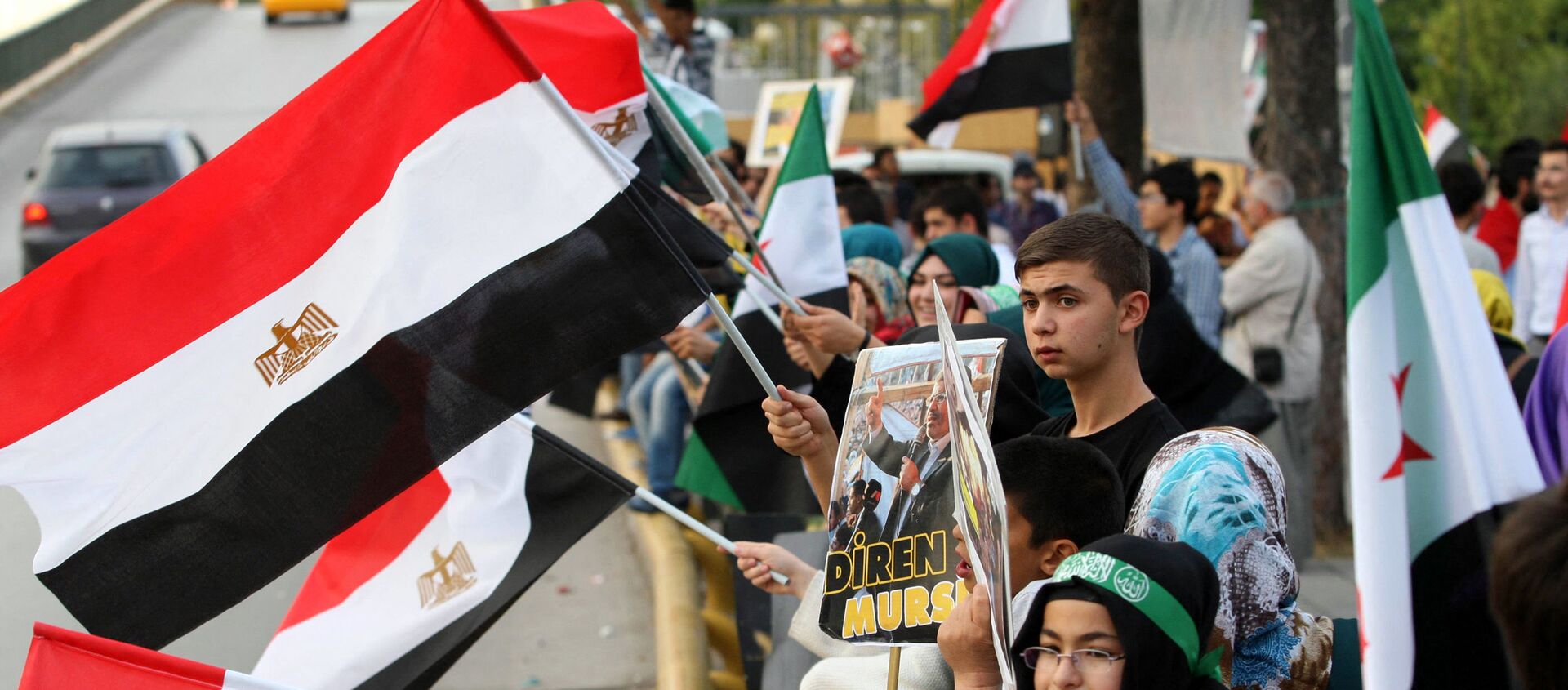 Protesters wave Egyptian flags as they stage a demonstration in the Turkish capital in Ankara on August 19, 2013, to support Egypt's ousted Islamist president Mohamed Morsi.  - Sputnik International, 1920, 12.03.2021