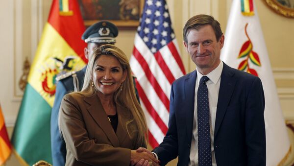 Bolivian interim President Jeanine Anez, left, shakes hands with David Hale, U.S. Undersecretary of State for Political Affairs, during a photo opportunity at the presidential palace in La Paz, Bolivia, Tuesday, Jan. 21, 2020. - Sputnik International