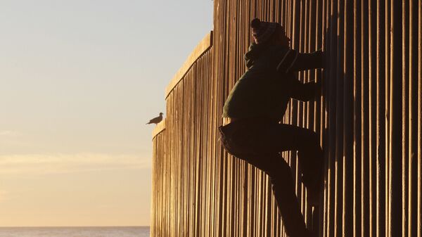 Honduran migrant Jonatan Matamoros Flores, 33, who arrived in October with a migrant caravan, climbs the U.S. border wall to stand atop it before returning to the Mexican side in Tijuana, Mexico, Saturday, Dec. 8, 2018 - Sputnik International