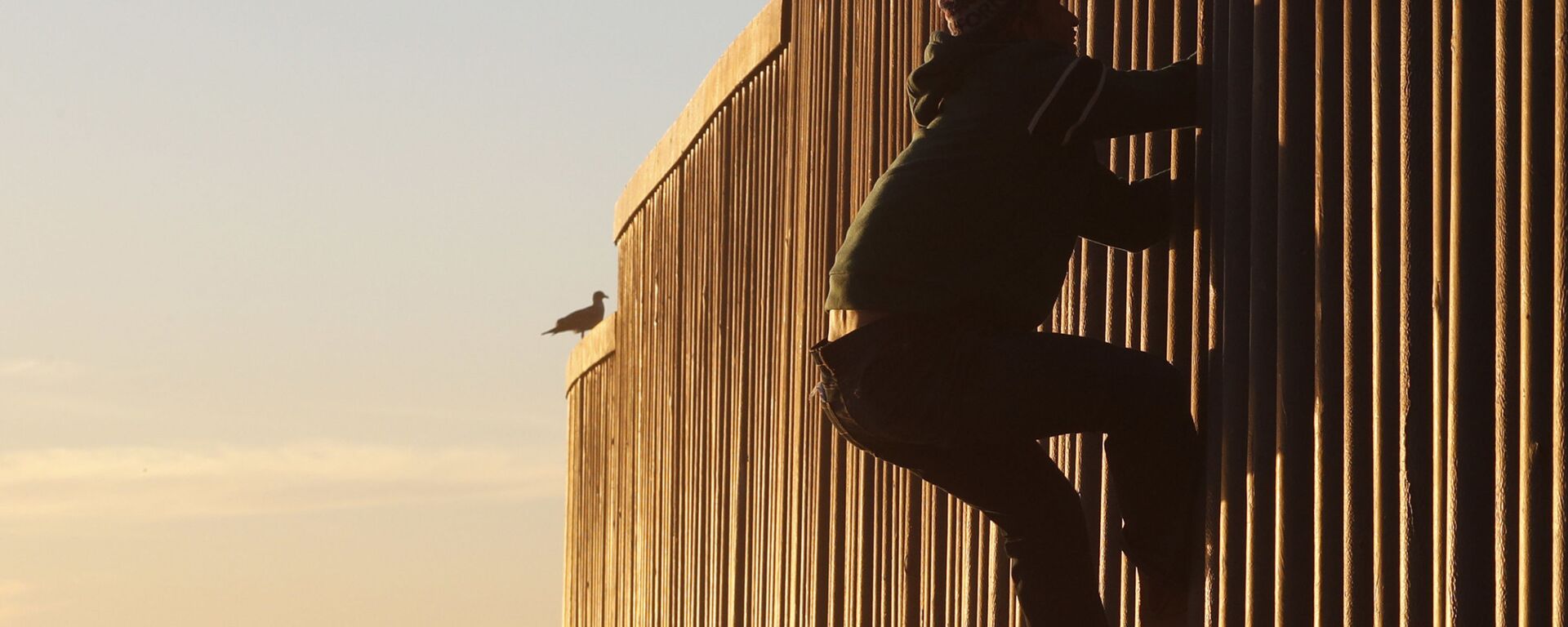 Honduran migrant Jonatan Matamoros Flores, 33, who arrived in October with a migrant caravan, climbs the U.S. border wall to stand atop it before returning to the Mexican side in Tijuana, Mexico, Saturday, Dec. 8, 2018 - Sputnik International, 1920, 16.03.2021