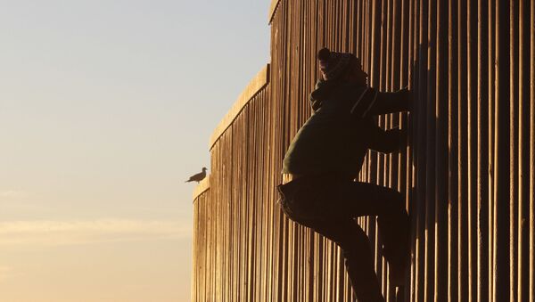 Honduran migrant Jonatan Matamoros Flores, 33, who arrived in October with a migrant caravan, climbs the US border wall to stand atop it before returning to the Mexican side in Tijuana, Mexico, Saturday, 8 December 2018. - Sputnik International
