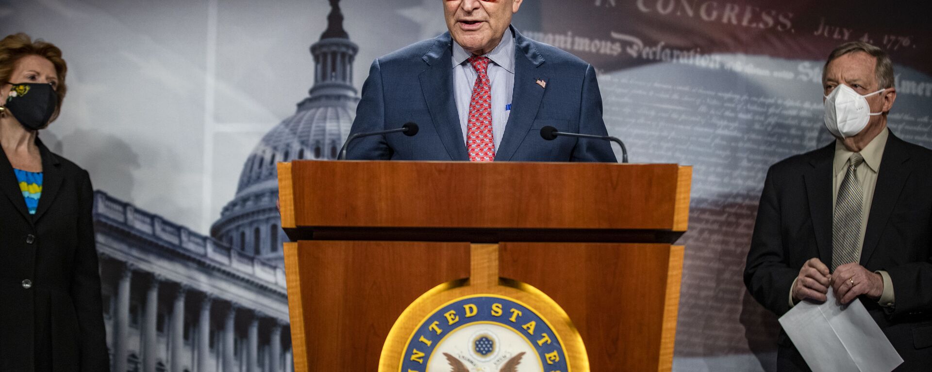 Senate Majority Leader Chuck Schumer, D-N.Y., speaks during a news conference at the Capitol in Washington, Tuesday, March 16, 2021.  - Sputnik International, 1920, 03.01.2022