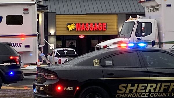 A photo from the crime scene at one of the spa shootings in the state of Georgia, posted by local media on Twitter February 16, 2021 - Sputnik International