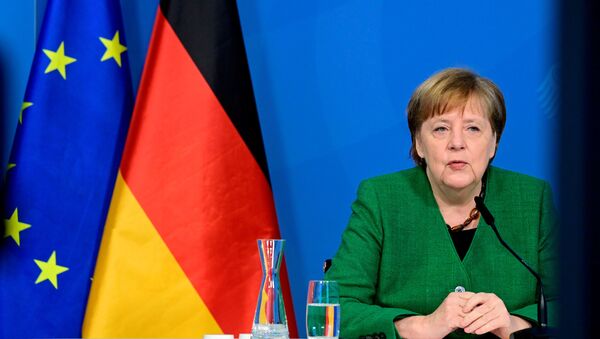 German Chancellor Angela Merkel attends a video-conferenced meeting with representatives of the German Association of Local Utilities of municipally determined infrastructure undertakings and economic enterprises in Berlin, Germany March 9, 2021.  - Sputnik International