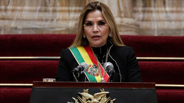 Bolivia's interim President Jeanine Anez speaks during a ceremony marking the 195th anniversary of the Bolivia foundation at the presidential palace, amid the coronavirus disease (COVID-19) outbreak, in La Paz, Bolivia, August 6, 2020. - Sputnik International