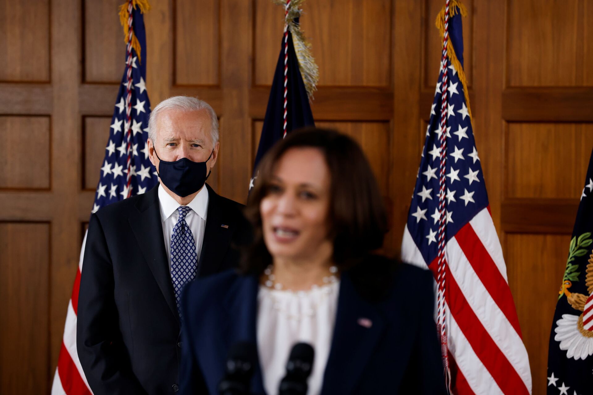 US President Joe Biden and Vice President Kamala Harris deliver remarks after a meeting with Asian-American leaders to discuss the ongoing attacks and threats against the community, during a stop at Emory University in Atlanta, Georgia, US, March 19, 2021 - Sputnik International, 1920, 23.03.2022