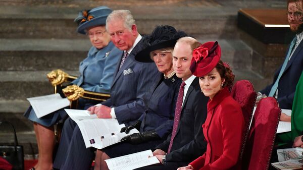 Britain's Queen Elizabeth II, Prince Charles, Camilla, Duchess of Cornwall, Prince Harry and Meghan, Duchess of Sussex, and Prince William and Catherine, Duchess of Cambridge attend the annual Commonwealth Service at Westminster Abbey in London, Britain March 9, 2020.  - Sputnik International