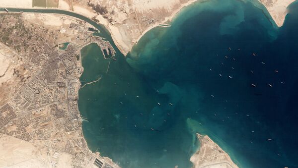 A satellite image shows the Ever Given and idling ships at the entrance of the Suez Canal, Egypt March 25, 2021. Planet Labs Inc./Handout via REUTERS - Sputnik International