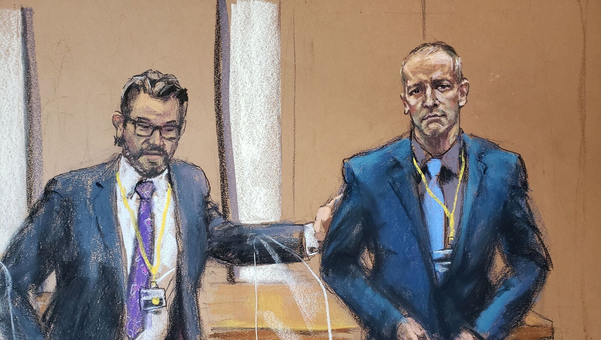 Defence attorney Eric Nelson introduces Derek Chauvin, the former Minneapolis police officer facing murder charges in the death of George Floyd, to potential jurors during jury selection in his trial in Minneapolis, Minnesota, U.S., March 15, 2021 in this courtroom sketch from a video feed of the proceedings. - Sputnik International, 1920, 06.04.2021