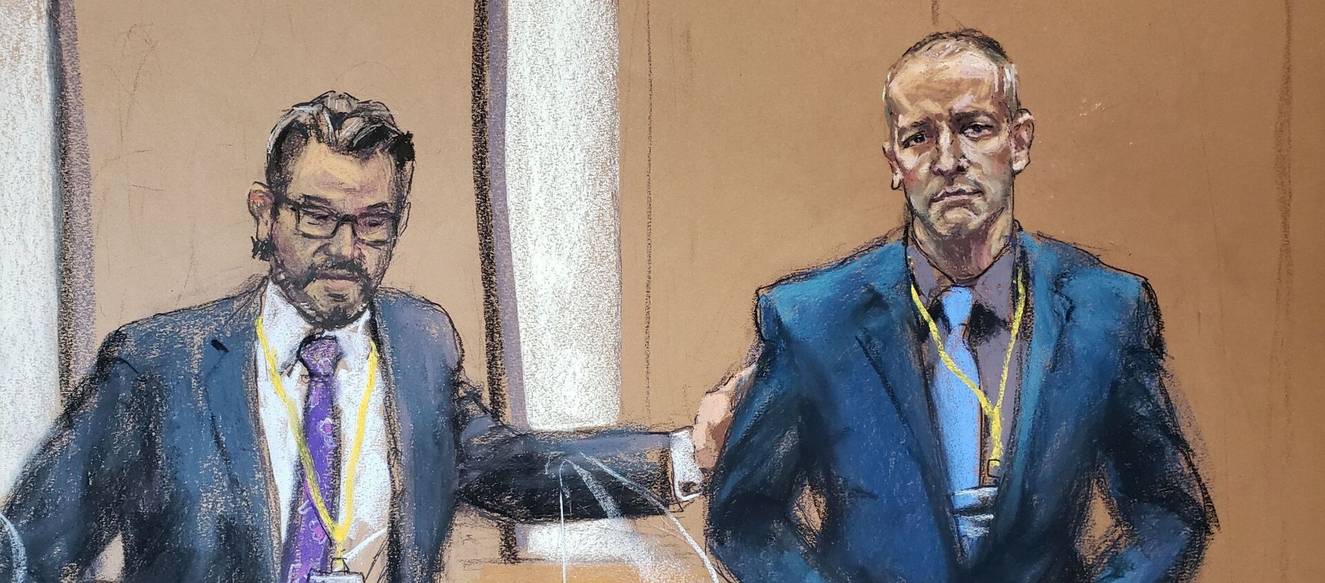 Defence attorney Eric Nelson introduces Derek Chauvin, the former Minneapolis police officer facing murder charges in the death of George Floyd, to potential jurors during jury selection in his trial in Minneapolis, Minnesota, U.S., March 15, 2021 in this courtroom sketch from a video feed of the proceedings. - Sputnik International, 1920, 19.04.2021