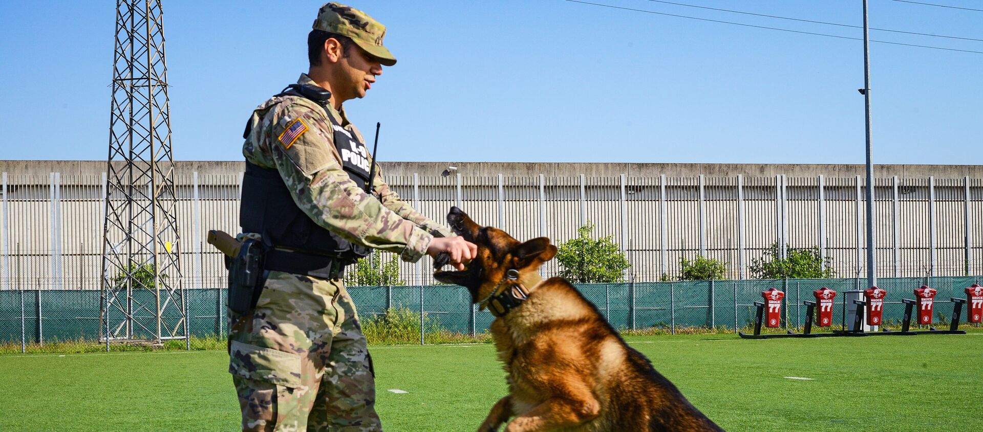 U.S. Army Sgt. Patrick Harrington, Soldier assigned to the USAG Italy 18th Military Police Detachment, conducts basic obedience drills with his military working dog “Aran”, under Covid-19 prevention condition at Caserma Ederle in Vicenza, Italy, on May 14, 2020 - Sputnik International, 1920