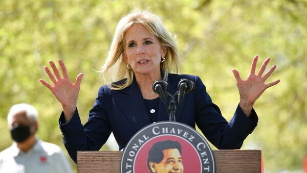 U.S. First Lady Jill Biden speaks during a visit at The Forty Acres, the first headquarters of the United Farm Workers labor union, in Delano, California, U.S. March 31, 2021. - Sputnik International