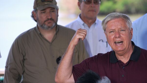 South Carolina Senator Lindsey Graham, (R) and Texas Senator Ted Cruz, (L) and other members of a Republican delegation attend a press conference after a tour around a section of the U.S.-Mexico border on a Texas Highway Patrol vessel in Mission, Texas, U.S., March 26, 2021. - Sputnik International