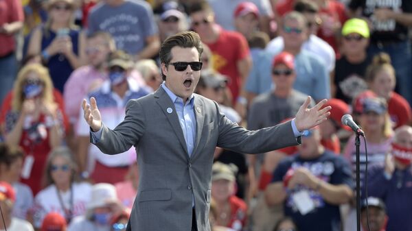 Rep. Matt Gaetz, R-Fla., addresses the crowd during a President Donald Trump campaign rally at the Ocala International Airport, Friday, Oct. 16, 2020, in Ocala, Fla. - Sputnik International