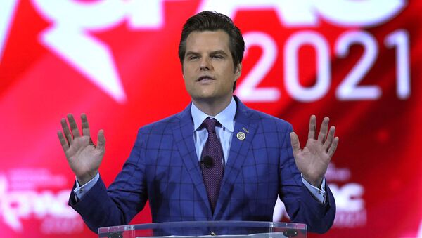 Rep. Matt Gaetz (R-FL) addresses the Conservative Political Action Conference being held in the Hyatt Regency on February 26, 2021 in Orlando, Florida.  Joe Raedle/Getty Images/AFP (Photo by JOE RAEDLE / GETTY IMAGES NORTH AMERICA / Getty Images via AFP) - Sputnik International