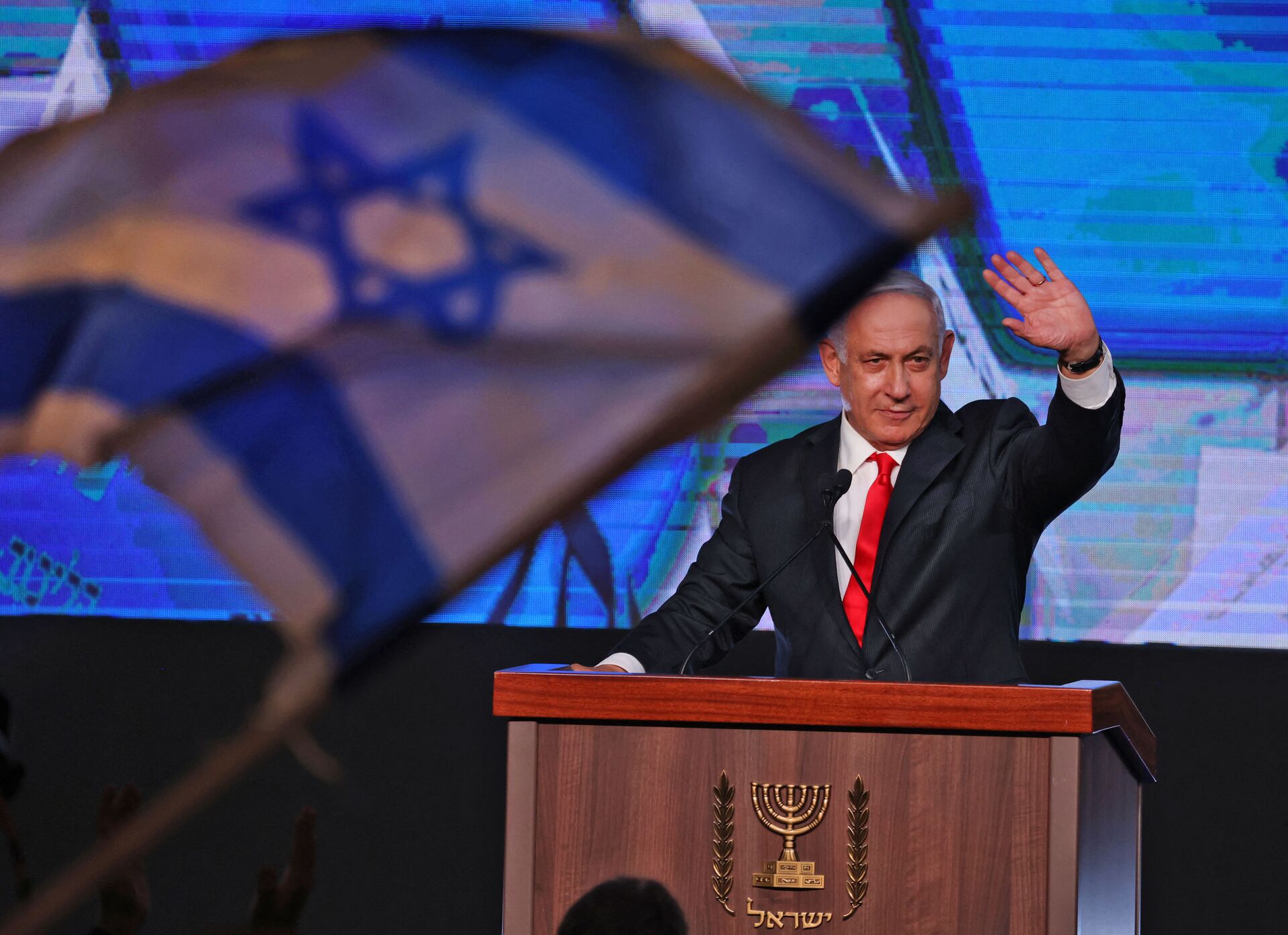 In this file photo taken on March 24, 2021, Israeli Prime Minister Benjamin Netanyahu, leader of the Likud party, addresses supporters at the party campaign headquarters in Jerusalem after the end of voting in the fourth national election in two years. - Sputnik International, 1920, 30.12.2021