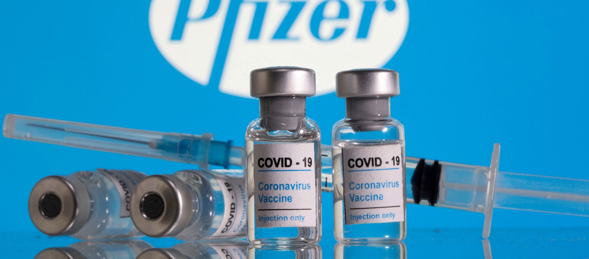 Vials labelled COVID-19 Coronavirus Vaccine and a syringe are seen in front of the Pfizer logo in this illustration taken February 9, 2021 - Sputnik International, 1920, 24.05.2021
