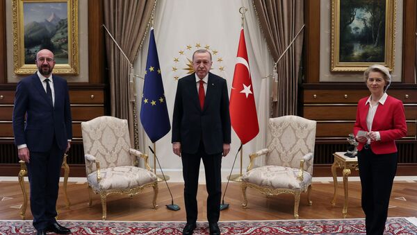 Turkish President Tayyip Erdogan meets with European Council President Charles Michel and European Commission President Ursula von der Leyen in Ankara, Turkey April 6, 2021. - Sputnik International