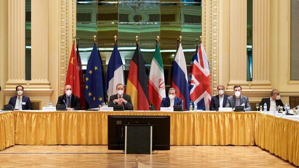In this Handout photo made available by the EU delegation in Vienna shows  Diplomats of the EU, China, Russia and Iran at the start of talks at the Grand Hotel in Vienna on April 6, 2021. - The US will participate in discussions in Vienna to try to save the international agreement on Iranian nuclear power. However, they will not be at the same table as Tehran and it is the Europeans who will serve as intermediaries between the two parties, in the hope of achieving concrete results after two months of impasse.  - Sputnik International