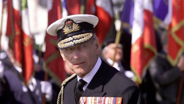 Britain's Prince Philip  appears in front of flags during a ceremony commemorating the D-Day landing in Ouistreham, Normandy, France, Tuesday June 6, 2000 - Sputnik International