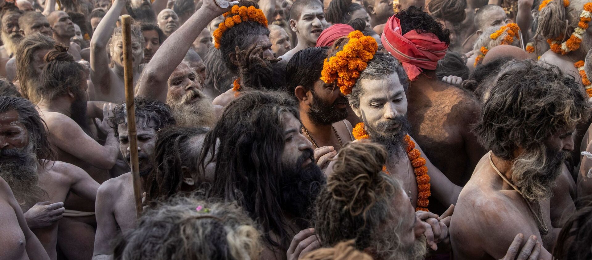 Naga Sadhus, or Hindu holy men participate in the procession for taking a dip in the Ganges river during Shahi Snan at Kumbh Mela, or the Pitcher Festival, amidst the spread of the coronavirus disease (COVID-19), in Haridwar, India, April 12, 2021 - Sputnik International, 1920, 12.04.2021