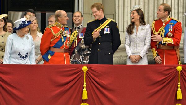 Britain's Queen Elizabeth, Prince Philip, Prince Harry, Prince William, the Duke of Cambridge and his wife, Catherine, the Duchess of Cambridge share a light moment as they stand on the balcony of Buckingham Palace in the annual Trooping of the Colour ceremony to celebrate the Queen's official birthday in central London, June 14, 2014 - Sputnik International
