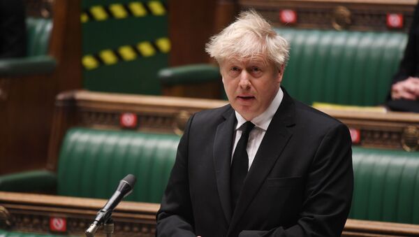 Britain's Prime Minister Boris Johnson speaks during a tribute to HRH Prince Philip, Duke of Edinburgh in London, Britain,12 April 2021.  - Sputnik International