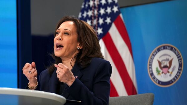 U.S. Vice President Kamala Harris speaks during a virtual meeting with founding members of the COVID-19 Community Corps to discuss Health and Human Services' COVID-19 public education campaign at the White House in Washington, U.S., April 1, 2021 - Sputnik International