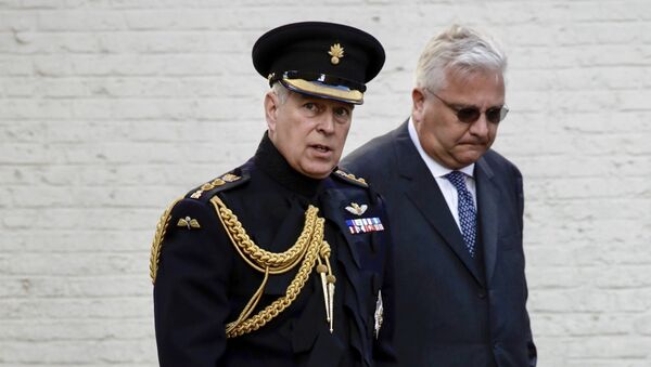 Britain's Prince Andrew, the Duke of York, and Belgian Prince Laurent, right, attend a memorial ceremony to mark the 75th anniversary of the liberation from German occupation in Bruges, Belgium, Saturday, Sept. 7, 2019 - Sputnik International