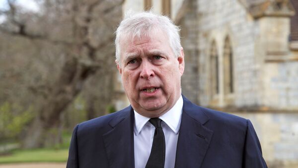 Britain's Prince Andrew speaks to the media during Sunday service at the Royal Chapel of All Saints at Windsor Great Park, Britain following Friday's death of his father Prince Philip at age 99, 11 April 2021 - Sputnik International