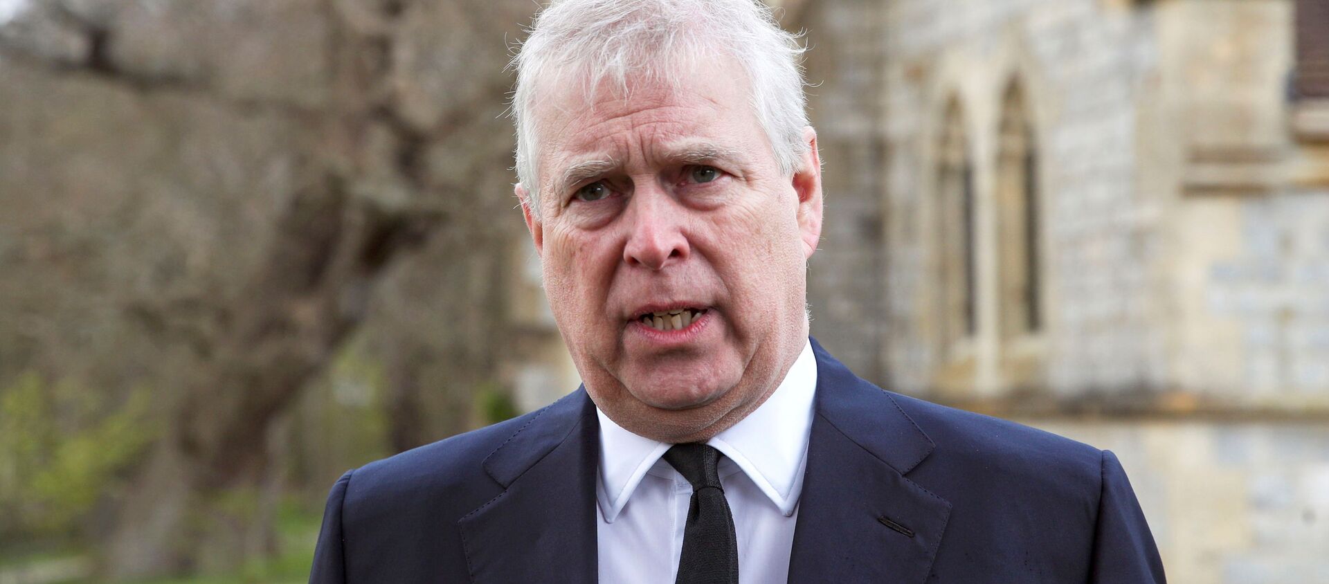 Britain's Prince Andrew speaks to the media during Sunday service at the Royal Chapel of All Saints at Windsor Great Park, Britain following Friday's death of his father Prince Philip at age 99, April 11, 2021 - Sputnik International, 1920, 16.05.2021