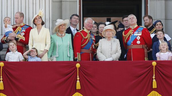 Britain's Queen Elizabeth, center, and members of the royal family attend the annual Trooping the Colour Ceremony in London, Saturday, June 8, 2019.  - Sputnik International