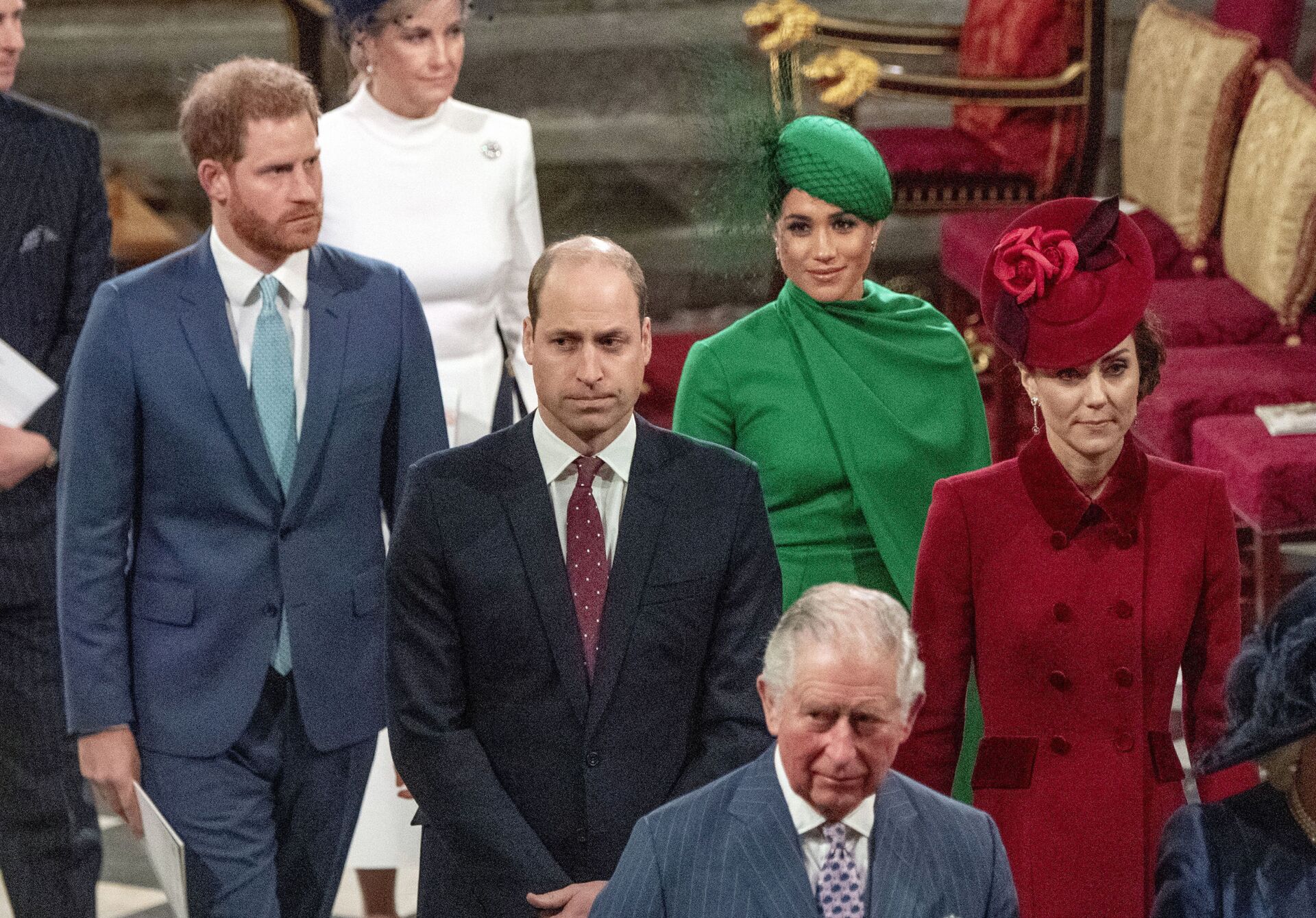 In this file photo dated Monday March 9, 2020, from back, Britain's Prince Harry and Meghan Duchess of Sussex, Prince William and Kate, Duchess of Cambridge, with Prince Charles, front, as the family members leave the annual Commonwealth Service at Westminster Abbey in London.  - Sputnik International, 1920, 23.11.2021
