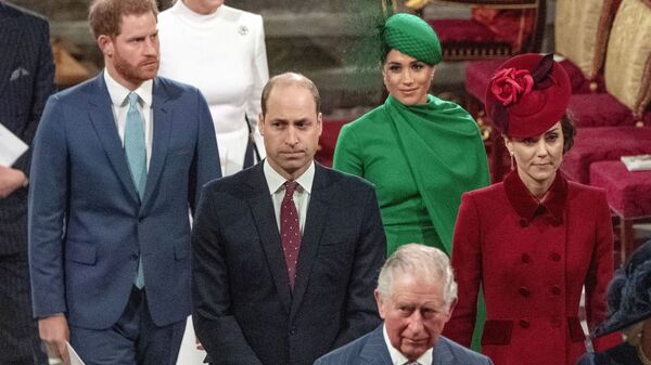 In this file photo dated Monday March 9, 2020, from back, Britain's Prince Harry and Meghan Duchess of Sussex, Prince William and Kate, Duchess of Cambridge, with Prince Charles, front, as the family members leave the annual Commonwealth Service at Westminster Abbey in London.  - Sputnik International