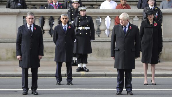 From left, Labour Party leader Sir Keir Starmer, Mayor of London Sadiq Khan, Prime Minister Boris Johnson and former prime minister Theresa May stand, during the Remembrance Sunday service at the Cenotaph, in Whitehall, London, Sunday Nov. 8, 2020.  - Sputnik International