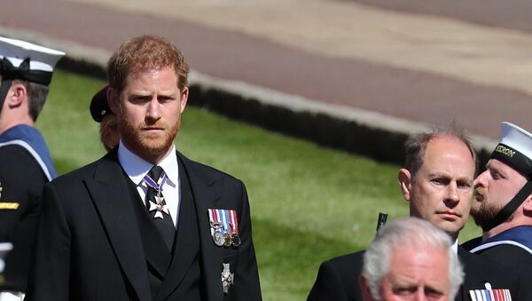 Britain's Prince Charles, Britain's Prince Harry, Duke of Sussex and Britain's Prince Edward, Earl of Wessex, follow the hearse, a specially modified Land Rover, during the funeral of Britain's Prince Philip, husband of Queen Elizabeth, who died at the age of 99, on the grounds of Windsor Castle in Windsor, Britain, 17 April 2021 - Sputnik International