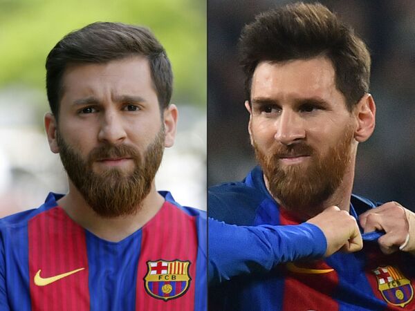 Reza Parastesh (L), a doppelganger of Barcelona and Argentina's footballer Lionel Messi (R) - Sputnik International